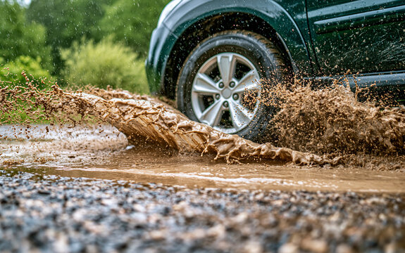 Car tire driving through muddy puddle on wet road