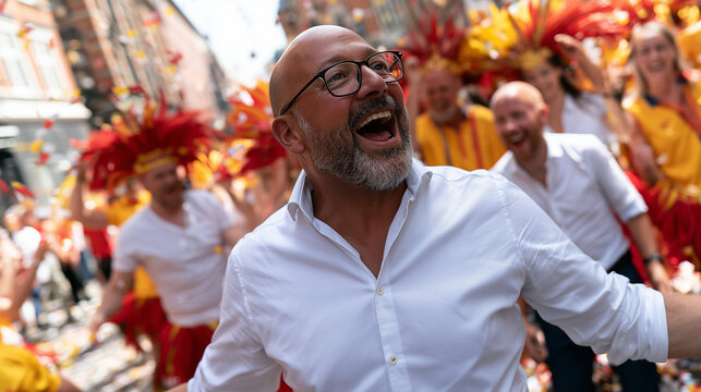 Joyful Mature Man Celebrating With Friends During The Vibrant Aalborg Carnival Street Parade