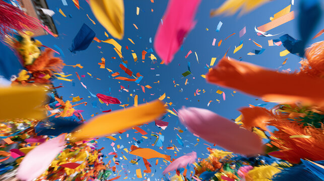 Vibrant Multi-Colored Confetti Flying Through The Bright Blue Sky At The Aalborg Carnival Event