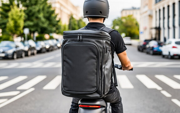 Delivery man on scooter with thermal backpack riding through city street