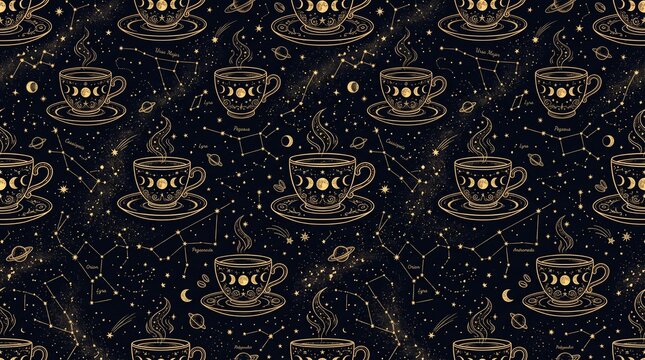 Magical celestial seamless pattern with moon phase coffee cups, constellations, stars, and galaxies in golden line art on dark night sky background