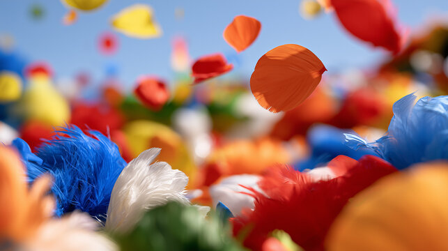Colorful Petals and Vibrant Feathers Floating in the Sky during the Aalborg Carnival Celebration