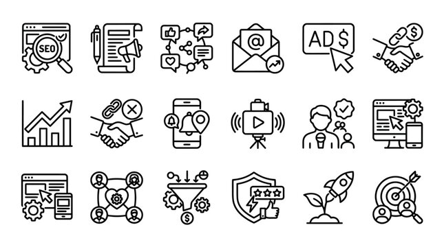 Digital marketing line icons set, 18 business SEO and social media vector symbols, web advertising and content strategy linear signs