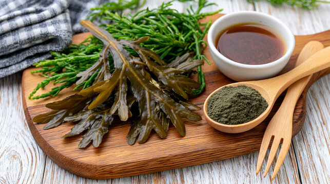 Fresh edible seaweed and spirulina powder on a wooden cutting board with seaweed supplement