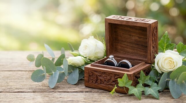Beautiful wooden jewelry box containing diamond wedding rings and band surrounded by greenery representing love commitment and marriage celebration Diamond wedding rings and band with greenery Wood