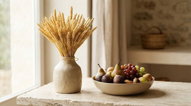 Rustic still life with a vase of dried wheat stalks and a bowl of fresh fruit including pears, figs, and grapes on a stone table in a sunlit room