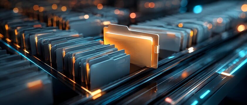 Futuristic digital file folder glowing brightly among dark archives. Concept of electronic document management, data storage and cloud computing.