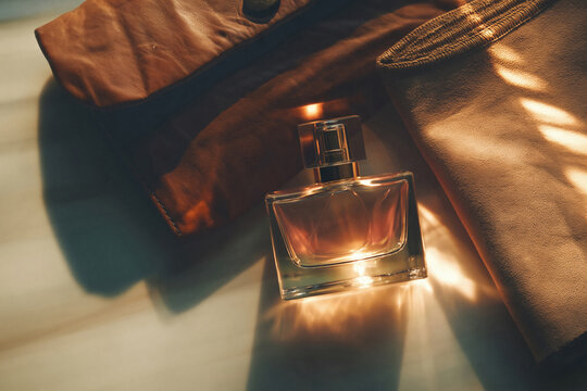 A luxury bottle of premium perfume with a modern design, next to it a leather wallet and a piece of suede cloth with a ribbed edge