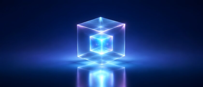 Glowing transparent 3D cube with inner energy core on dark blue background. Abstract futuristic technology and digital data storage concept.