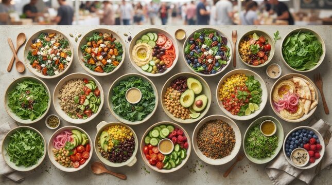 Top view of a variety of healthy salad bowls with fresh vegetables, grains, legumes, and fruits arranged on a rustic table surface