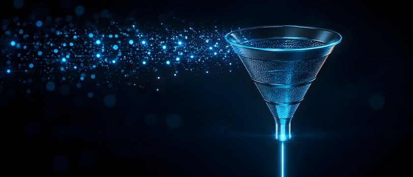 Sales funnel concept. Glowing blue metallic funnel absorbing digital light particles on dark background. Marketing strategy, customer conversion and business process.