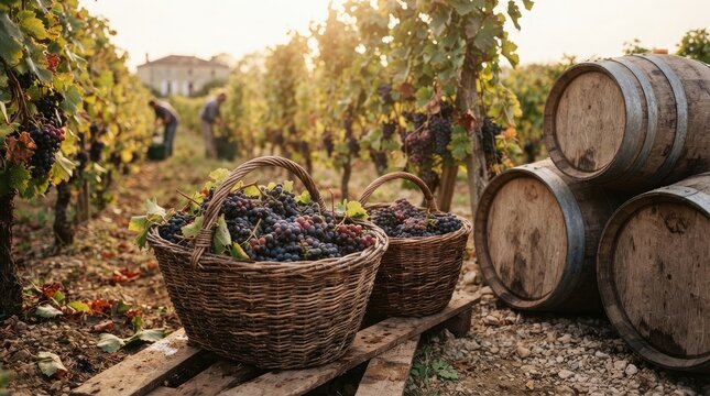 Harvested grapes in wicker baskets next to wooden wine barrels in a vineyard at sunset