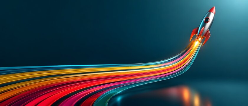 Rocket launching on colorful neon light trails. Startup business, creative innovation, fast internet speed and technology breakthrough concept.