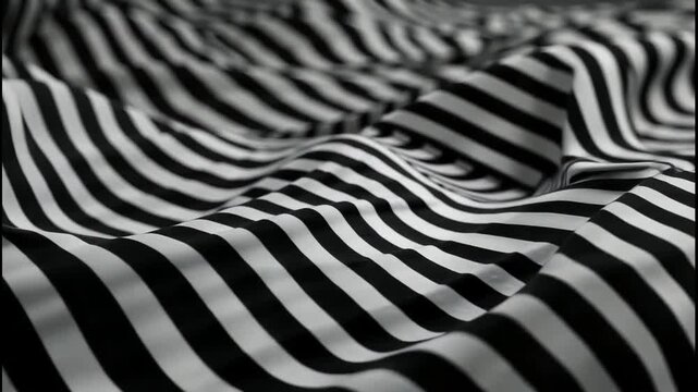 Black and white striped fabric flowing with dynamic wave-like motion against dark background