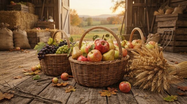 Rustic harvest scene with wicker baskets filled with fresh apples, pears, and grapes on a wooden barn floor, with wheat sheaves and autumn leaves in a warm, sunlit countryside setting