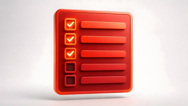 Red 3D checklist document icon with check marks on white background. Task management, survey completion and goal achievement concept.