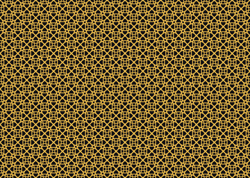 Bold gold geometric pattern with intricate interlocking circles and grid lines on a black background, seamless repeating luxury wallpaper