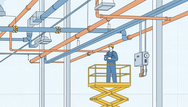 Industrial technician standing on a scissor lift platform performs maintenance on overhead factory piping while wearing safety gear.
