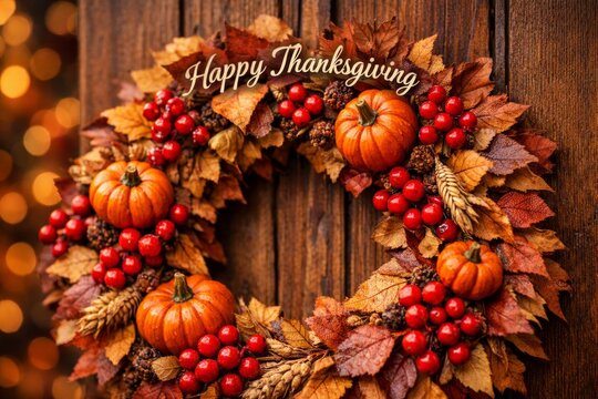 Happy thanksgiving autumn wreath with pumpkins berries and wheat on wooden door for holiday greeting card and seasonal background