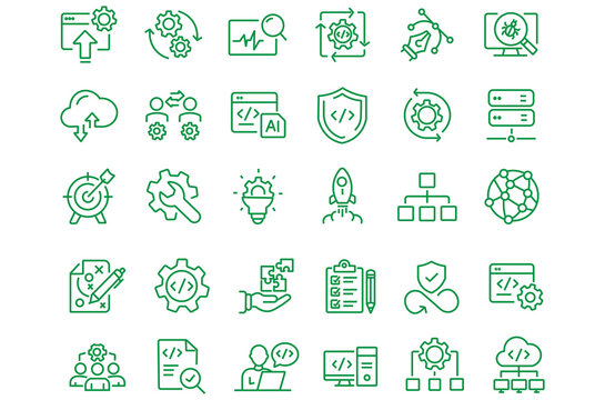 Development Web Icon Set in Linear Style. Collection of DevOps line icons, including growth, workflow testing, integration, startup, concept, idea, strategy, innovation, vision, marketing and more