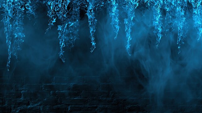 Mysterious Blue Smoke and Ivy Over Dark Brick Wall Background