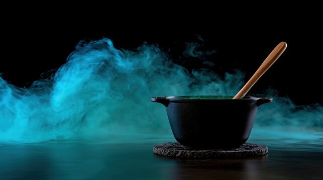 Mysterious bubbling cauldron with blue smoke and a wooden spoon on a dark background