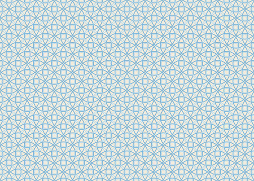 Seamless geometric pattern featuring soft blue interlocking circles and squares on a light cream background, repeating lattice wallpaper texture