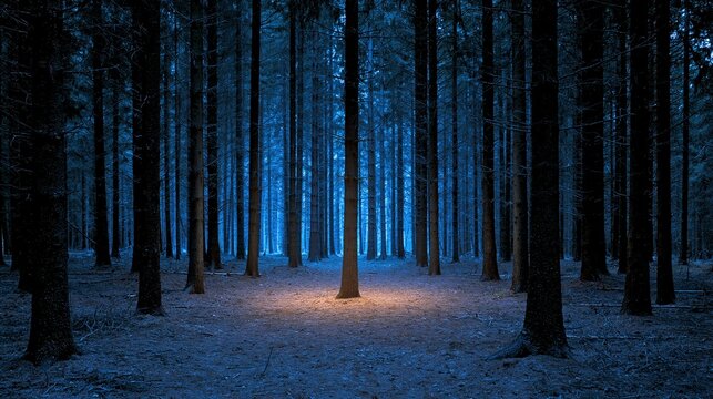 Mysterious dark forest at night with a single tree illuminated by warm light