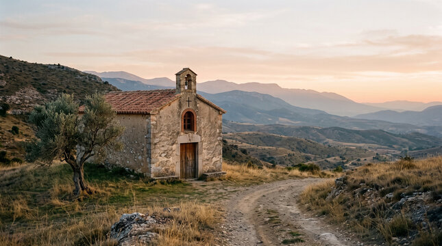 Historic stone chapel with a bell tower on a rural hillside. Dirt path and olive tree in a remote mountain landscape at sunset. Quiet offbeat travel destination