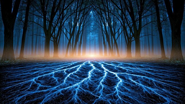 Mystical forest with glowing blue roots and ethereal light in the distance