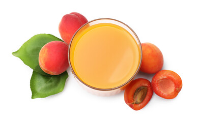 Apricot juice in glass and fresh fruits isolated on white, top view © New Africa