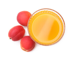 Apricot juice in glass and fresh fruits isolated on white, top view © New Africa