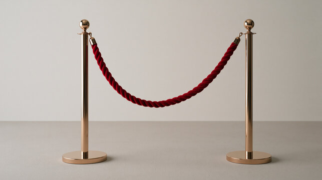 Single velvet nightclub rope barrier isolated on plain seamless studio background soft studio lighting centered minimal composition, bouncer culture language barrier exclusion