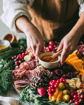 Holiday charcuterie board with hands serving honey from small bowl among cheese, fruit, meat, pine greenery, and festive decoration