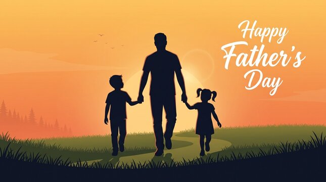 Happy Father's Day silhouette of dad with children, sunset family walk in nature, warm orange greeting card background
