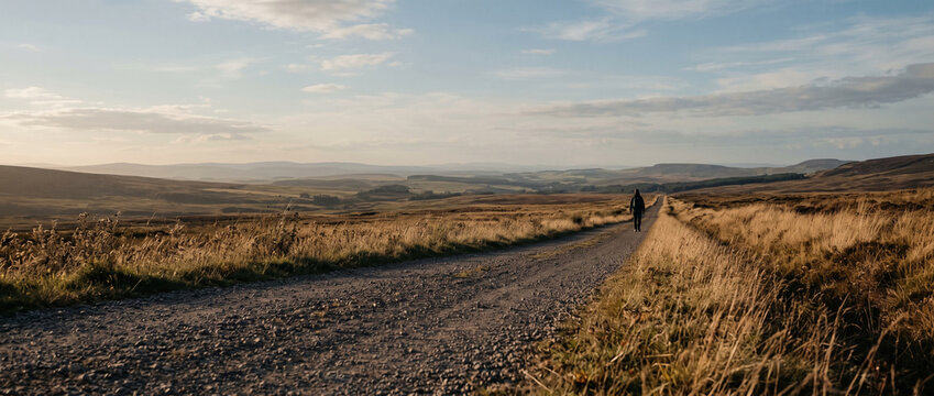 Lone person walking down a long gravel road through a vast grassy landscape. Hiking journey in a remote countryside with distant rolling hills