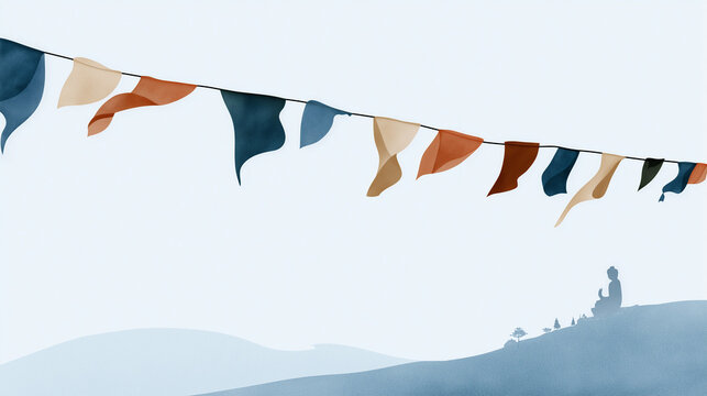 Watercolor of prayer flags flying over misty hills