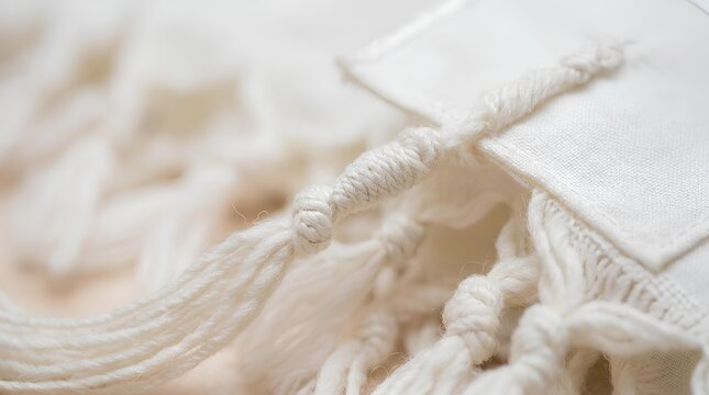 Detailed white wool tassels on traditional garment.