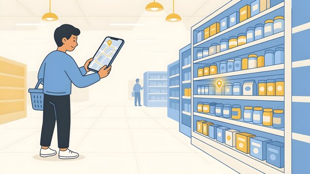 Man Using Indoor Navigation Smartphone App to Find Product Location in Supermarket Aisle Vector Illustration