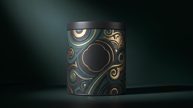 Decorative black and gold canister on dark surface.