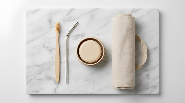 Eco-friendly personal care kit with bamboo toothbrush on white marble.