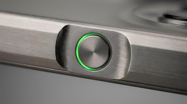 Electronic power button with green LED ring on metal surface.