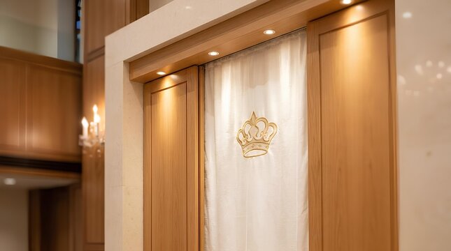 Elegant gold crown emblem on white fabric screen in luxury room.