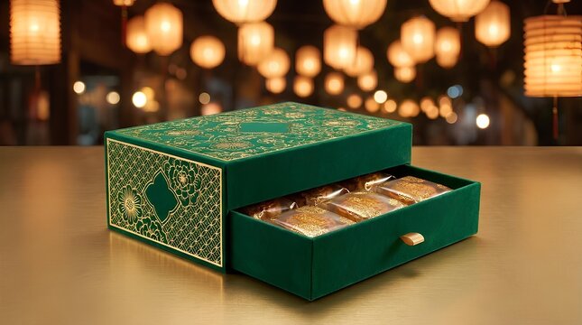 Elegant green mooncake gift box for Mid-Autumn Festival celebration.