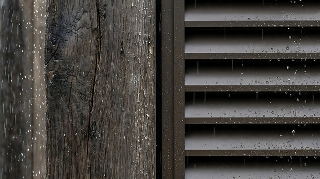 Rough weathered wood grain next to dark metal louvers with falling rain for texture.