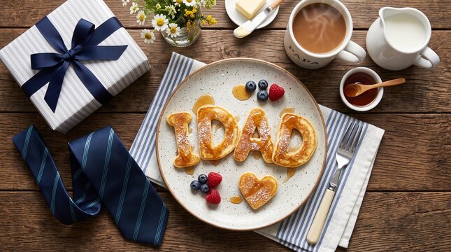 Father's Day breakfast with DAD letter pancakes. Gift box and blue necktie on wooden table. Morning coffee and syrup for Dad.