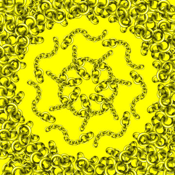 Golden metal chains forming an abstract circular pattern on yellow space
