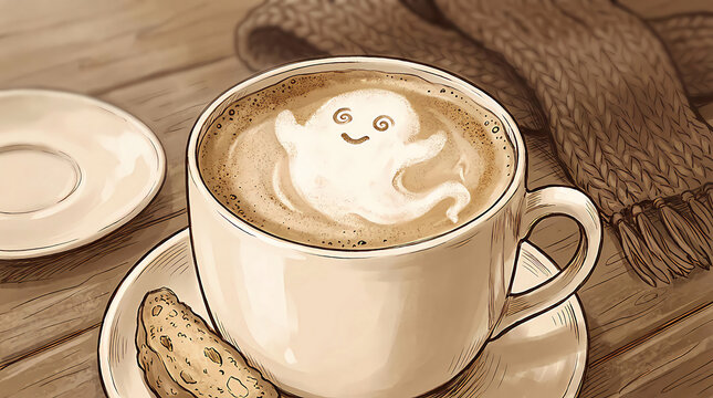 A coffee beverage features latte art shaped like a ghost rendered in a sketched illustration style