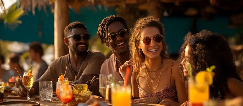Happy friends cheering and drinking cocktails at beach party outdoor - Young millennials people having fun at summer