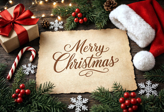 Festive merry christmas greeting card with gifts pine branches and holiday decorations on rustic table
